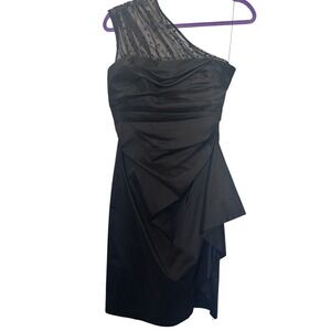 Maggy London One Shoulder Sheath Dress SZ 6 Black Sheer Dot Shoulder Cocktail
